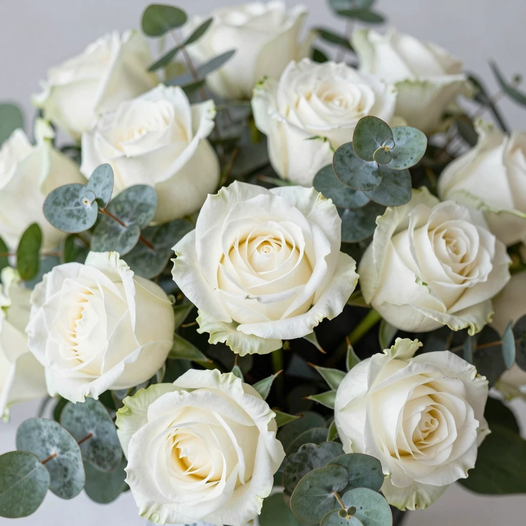 Platinum Garden bouquet white roses and eucalyptus by Vortalexeth